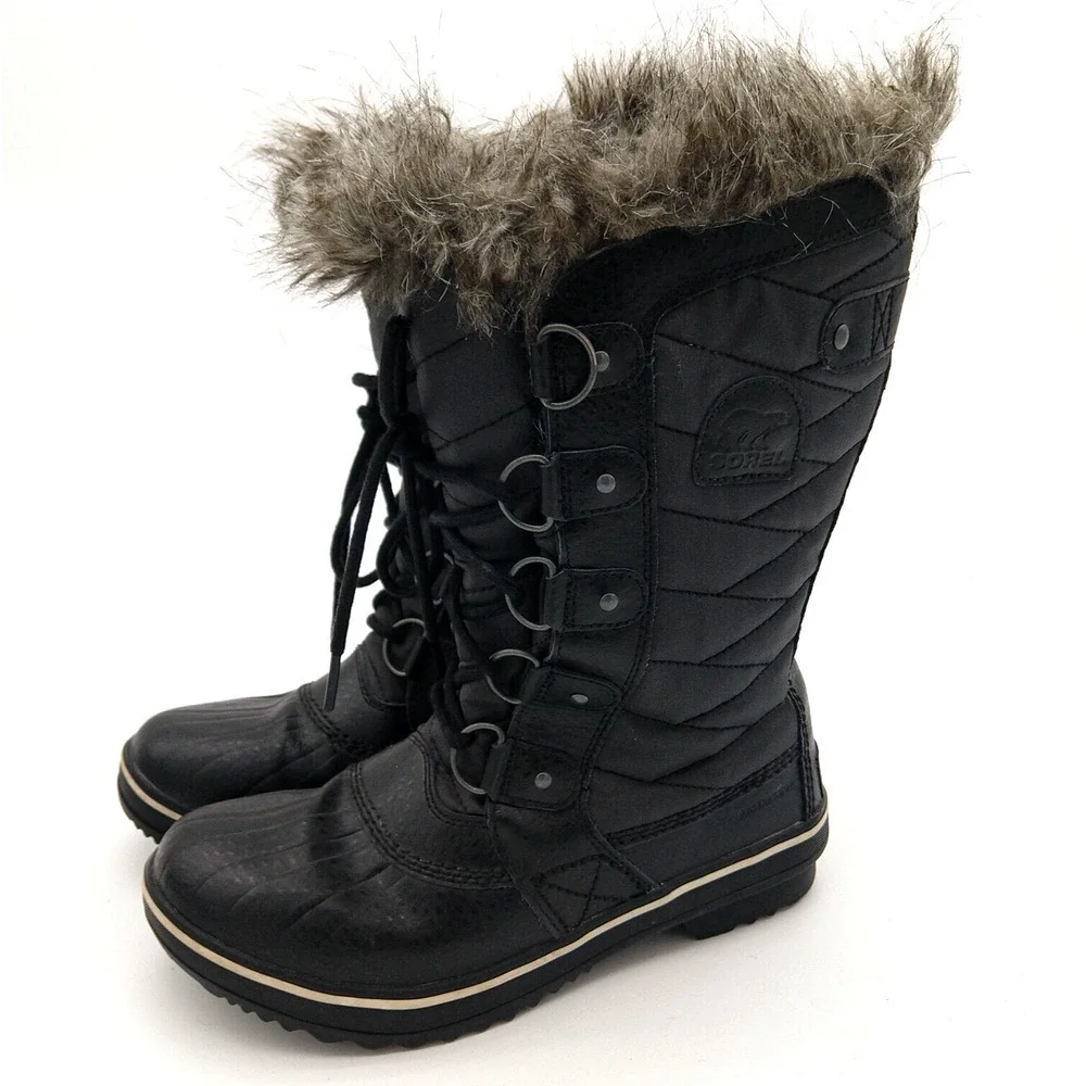 Sorel Tofino II Boots Size 7 Faux Fur Lined Waterproof Black Quilted Lace Up